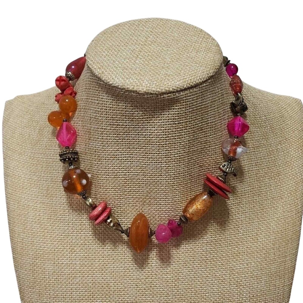Aris by Treska Beaded Statement Necklace Pink Orange Red Bronze Tone New